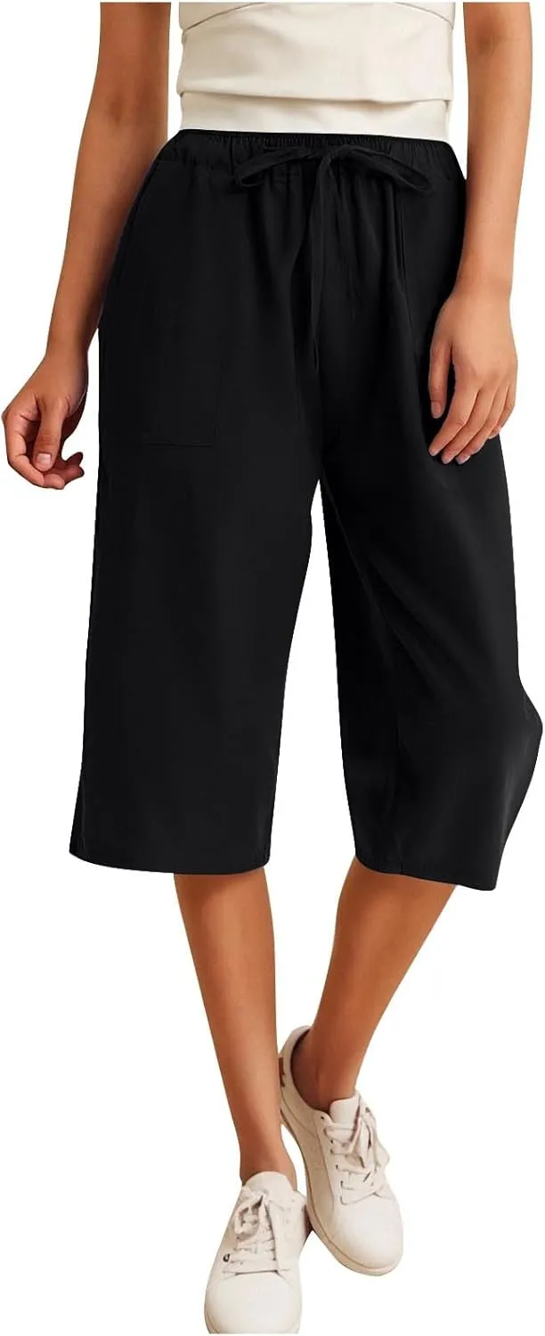 LEMONONSTORE Fashion Women's Capris Wide Leg Palazzo 7/8 Pants Lightweight Trousers Elastic Waist Shorts for Everyday Wear