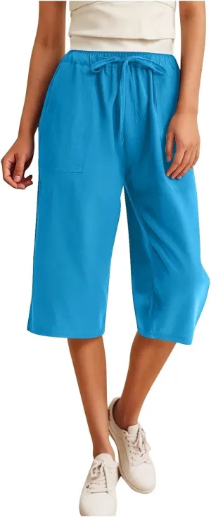 LEMONONSTORE Fashion Women's Capris Wide Leg Palazzo 7/8 Pants Lightweight Trousers Elastic Waist Shorts for Everyday Wear