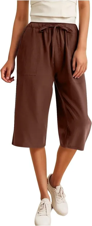 LEMONONSTORE Fashion Women's Capris Wide Leg Palazzo 7/8 Pants Lightweight Trousers Elastic Waist Shorts for Everyday Wear