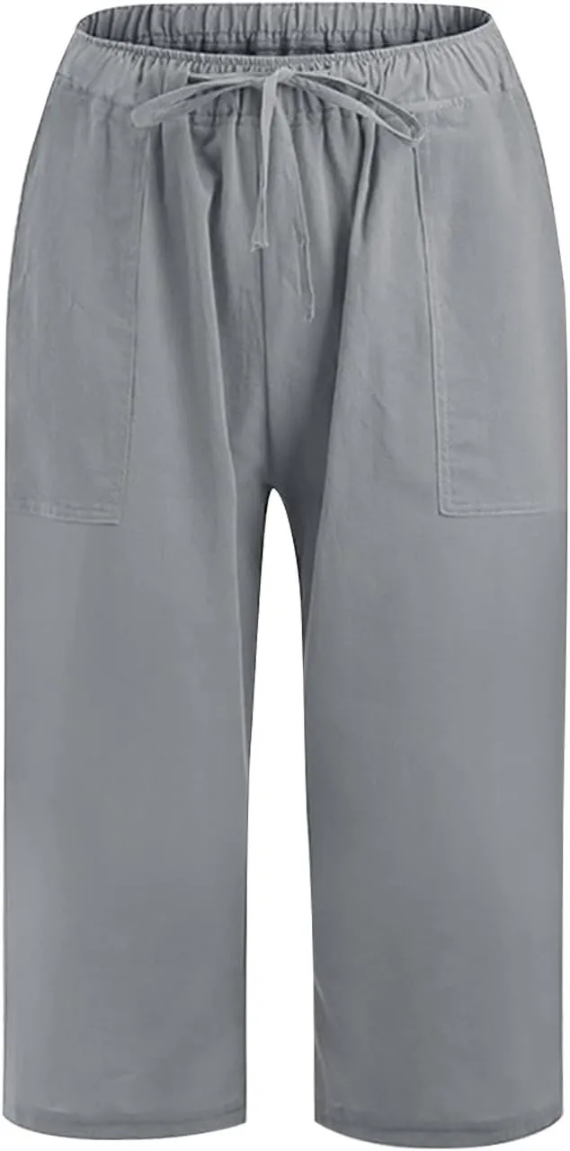 LEMONONSTORE Fashion Women's Capris Wide Leg Palazzo 7/8 Pants Lightweight Trousers Elastic Waist Shorts for Everyday Wear