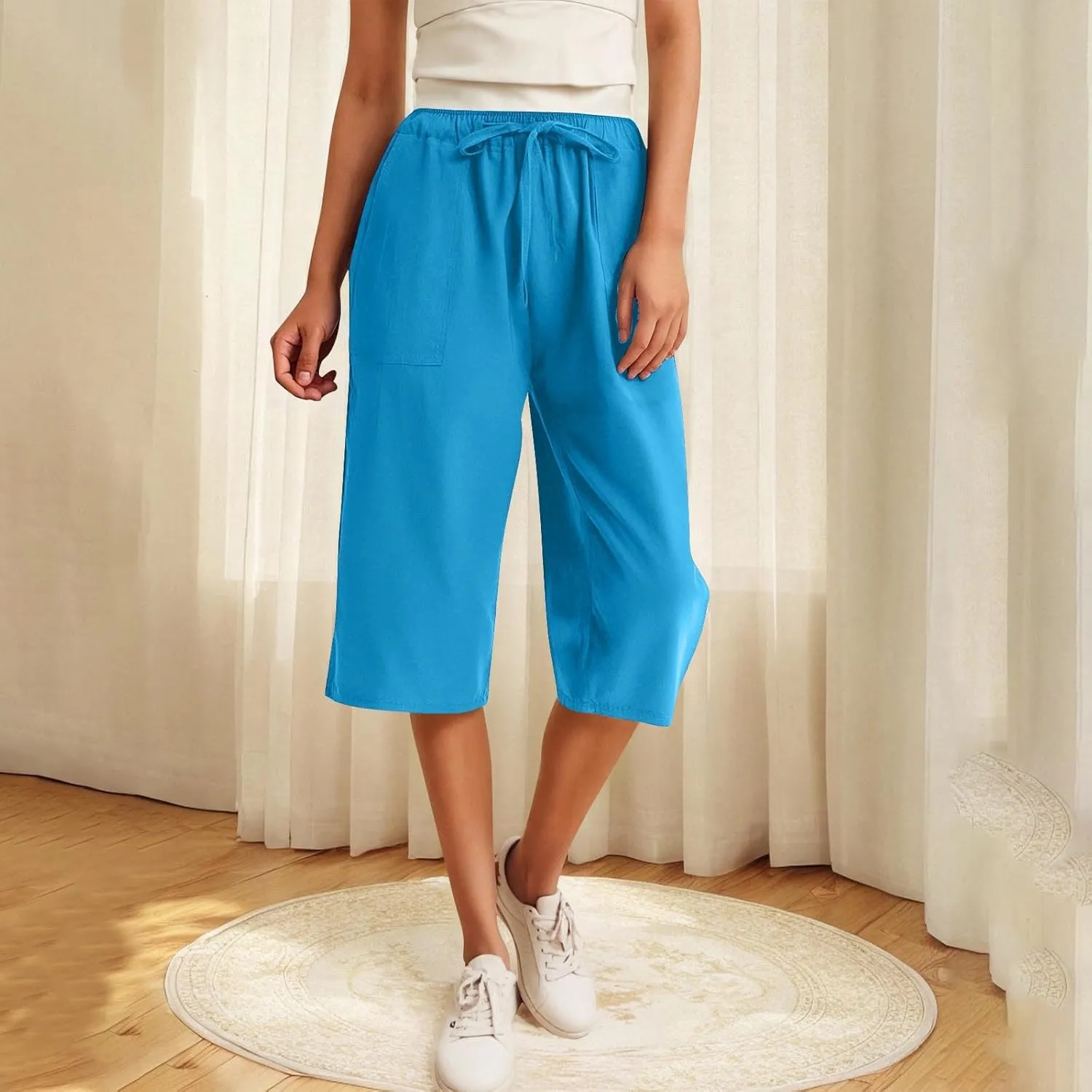 LEMONONSTORE Fashion Women's Capris Wide Leg Palazzo 7/8 Pants Lightweight Trousers Elastic Waist Shorts for Everyday Wear