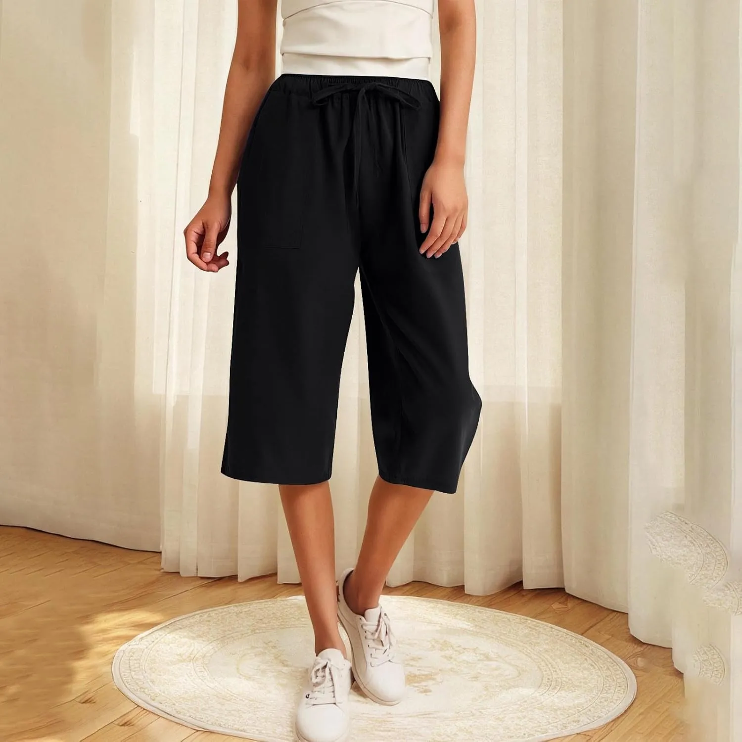 LEMONONSTORE Fashion Women's Capris Wide Leg Palazzo 7/8 Pants Lightweight Trousers Elastic Waist Shorts for Everyday Wear