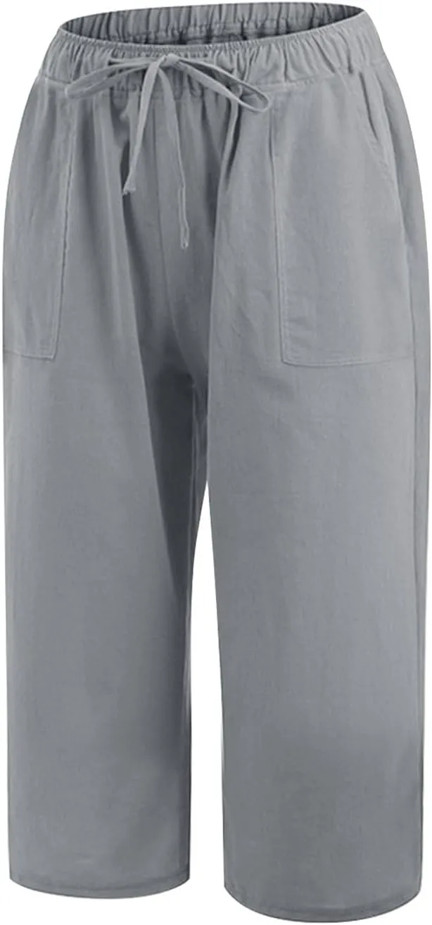 LEMONONSTORE Fashion Women's Capris Wide Leg Palazzo 7/8 Pants Lightweight Trousers Elastic Waist Shorts for Everyday Wear