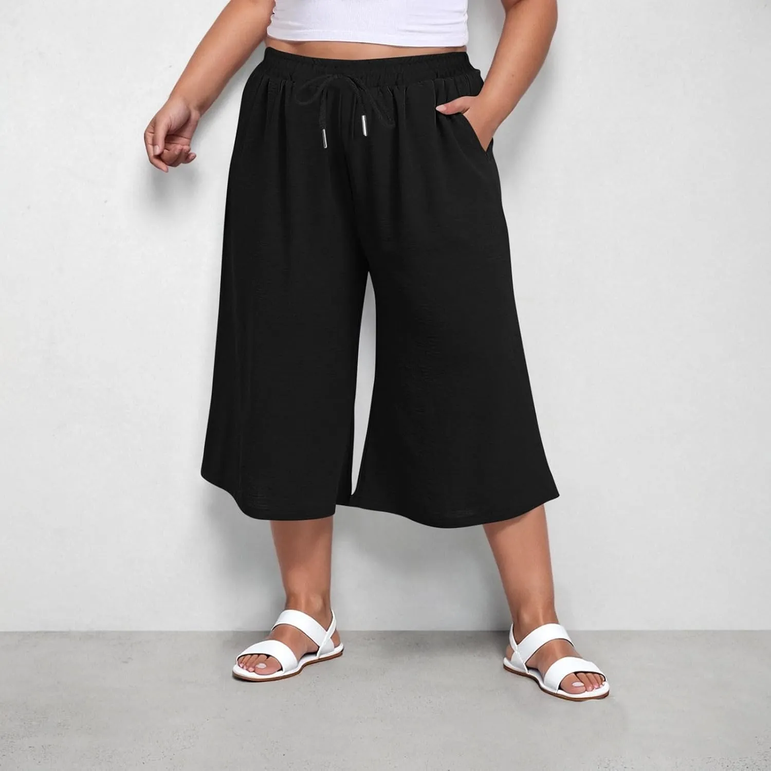 LEMONONSTORE Plus Size Women Boho Summer Capris Elastic Waist Wide Leg Straight Cropped Pants Casual Loose Below-Knee Shorts