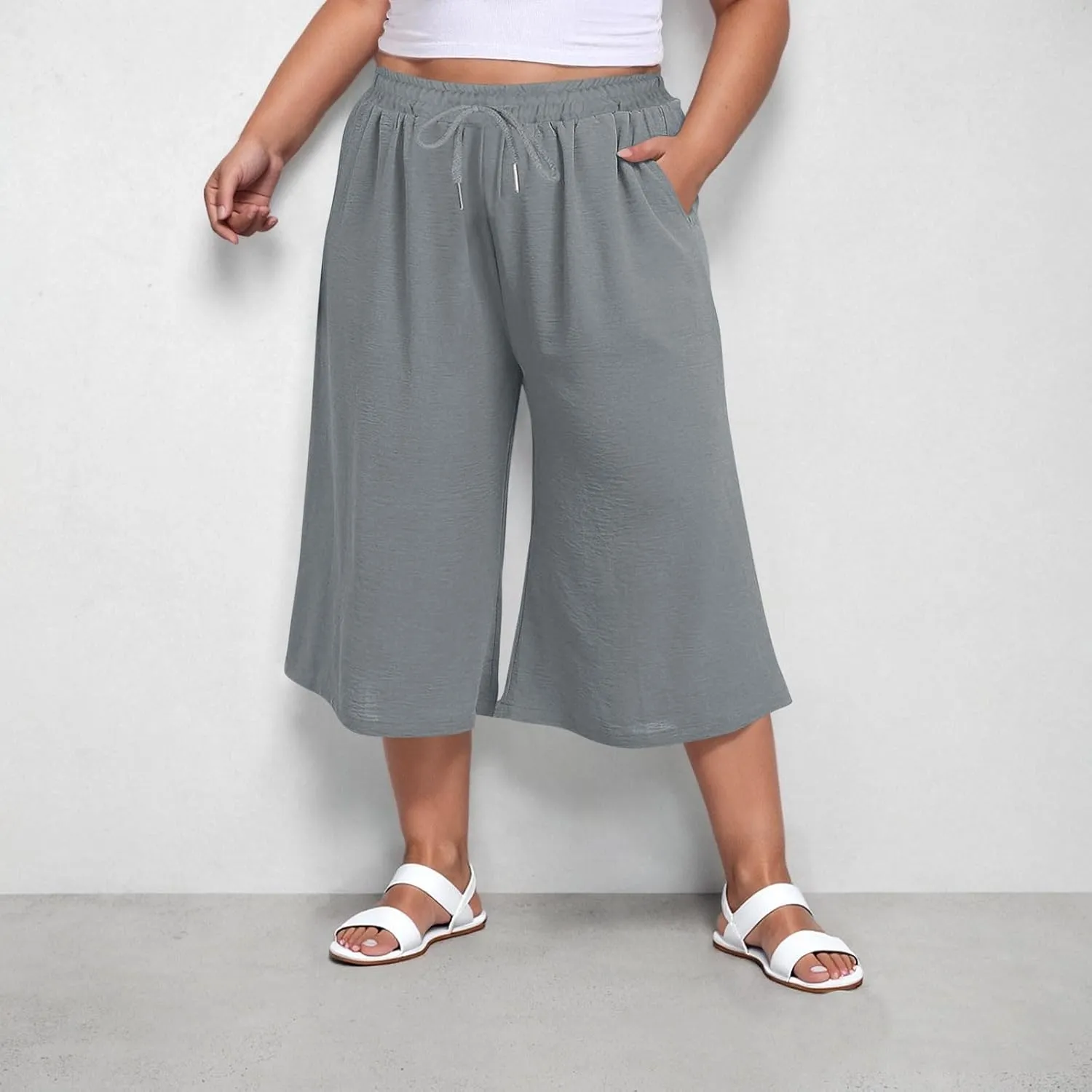 LEMONONSTORE Plus Size Women Boho Summer Capris Elastic Waist Wide Leg Straight Cropped Pants Casual Loose Below-Knee Shorts
