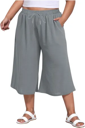 LEMONONSTORE Plus Size Women Boho Summer Capris Elastic Waist Wide Leg Straight Cropped Pants Casual Loose Below-Knee Shorts