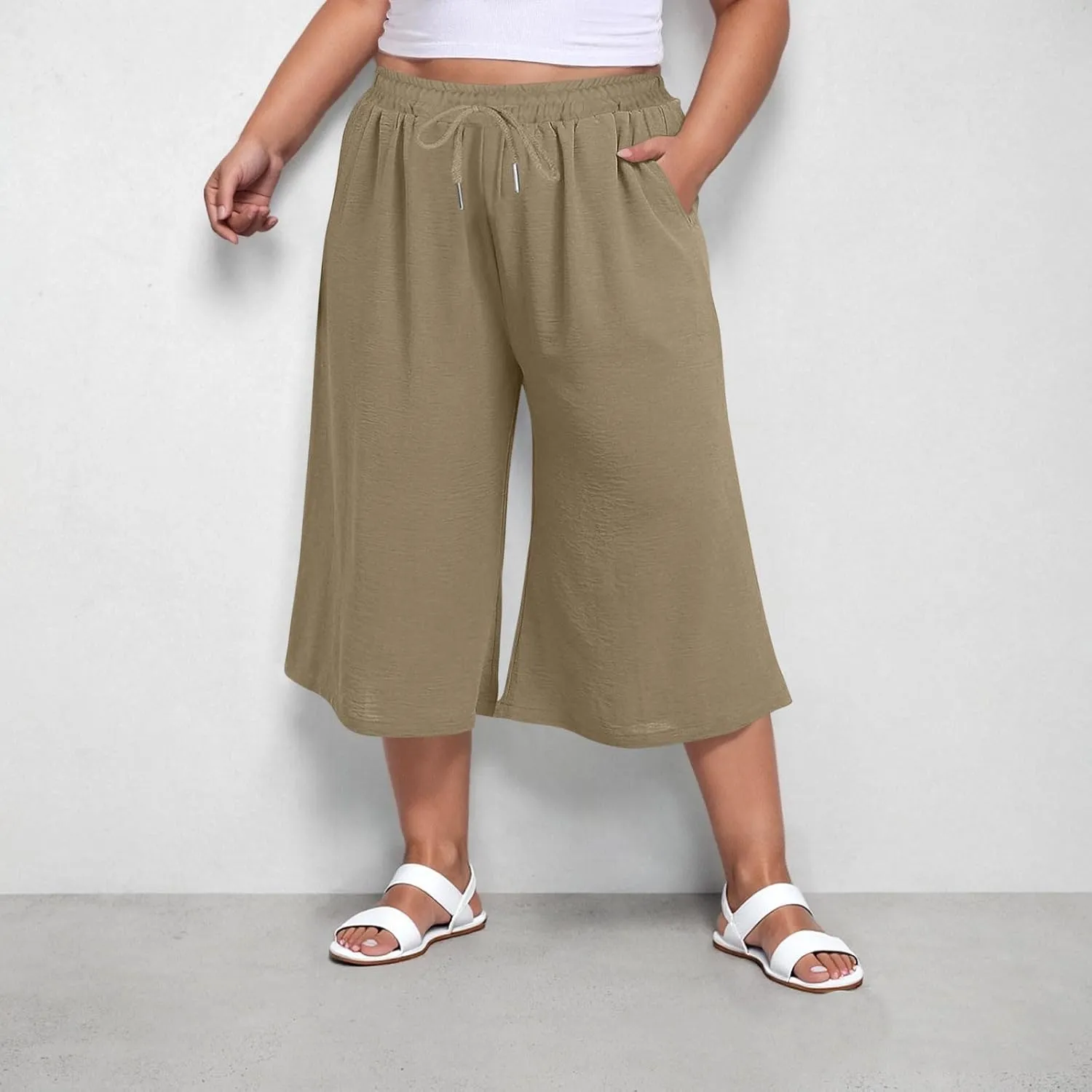 LEMONONSTORE Plus Size Women Boho Summer Capris Elastic Waist Wide Leg Straight Cropped Pants Casual Loose Below-Knee Shorts