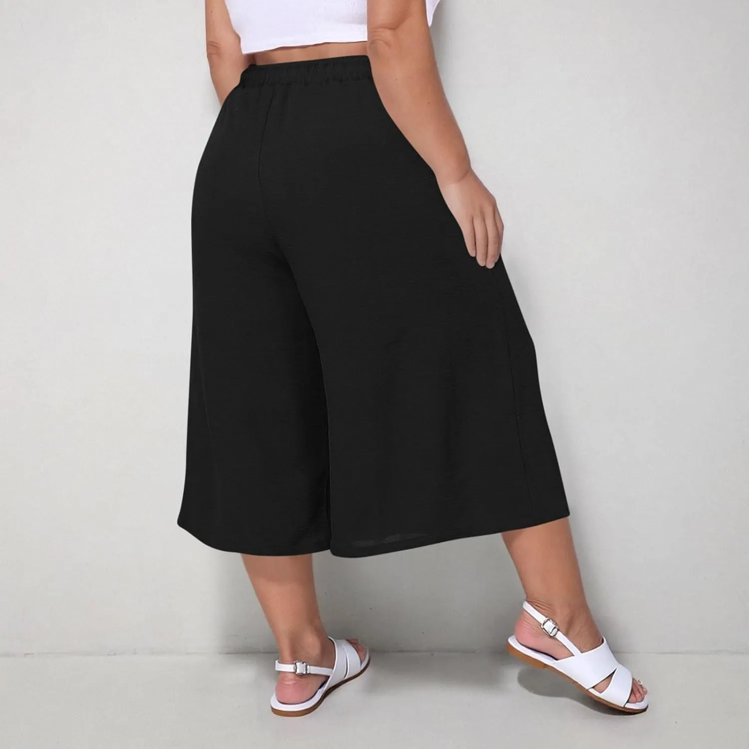 LEMONONSTORE Plus Size Women Boho Summer Capris Elastic Waist Wide Leg Straight Cropped Pants Casual Loose Below-Knee Shorts