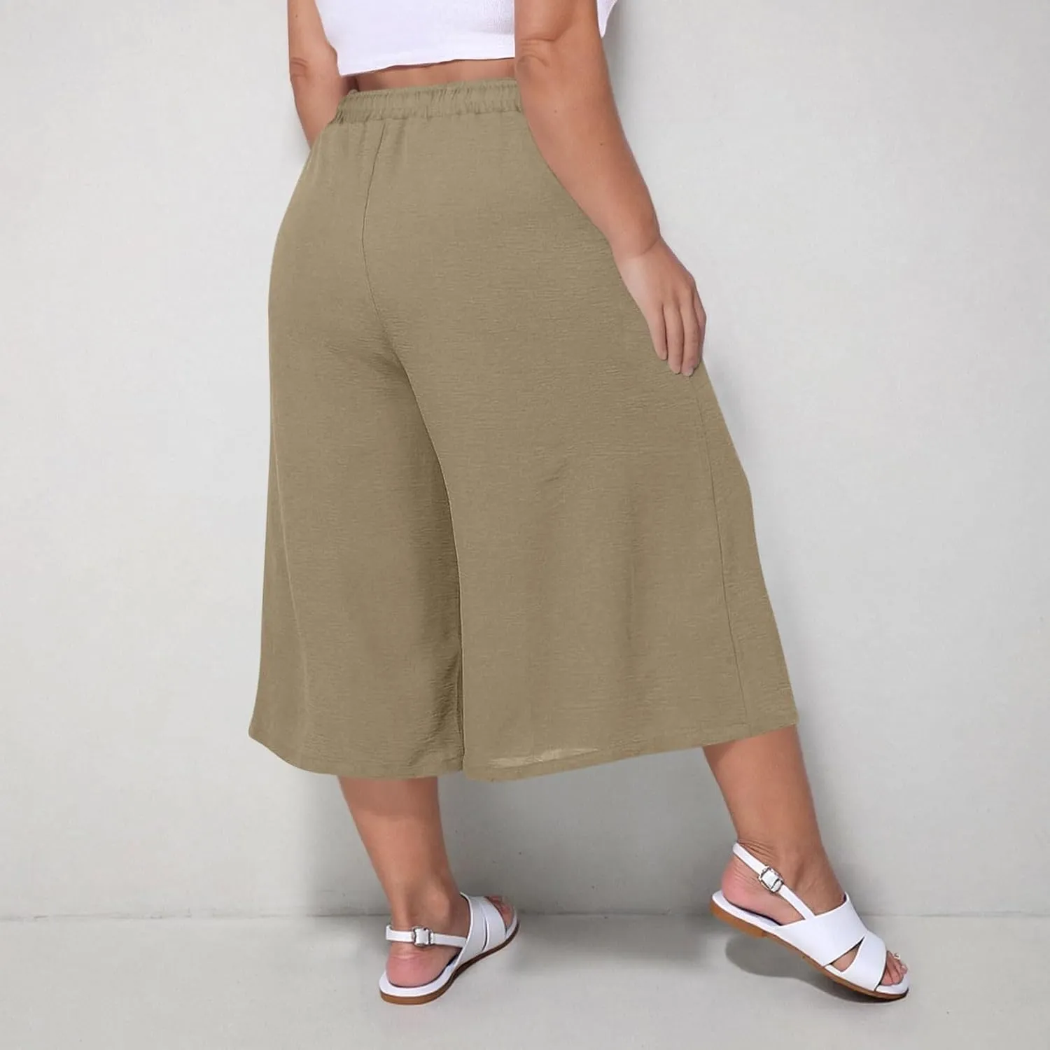 LEMONONSTORE Plus Size Women Boho Summer Capris Elastic Waist Wide Leg Straight Cropped Pants Casual Loose Below-Knee Shorts