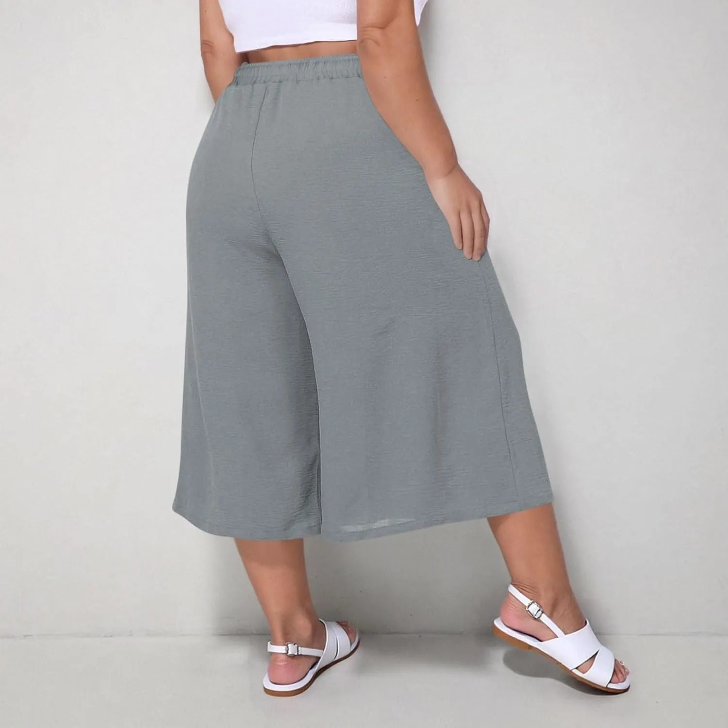 LEMONONSTORE Plus Size Women Boho Summer Capris Elastic Waist Wide Leg Straight Cropped Pants Casual Loose Below-Knee Shorts