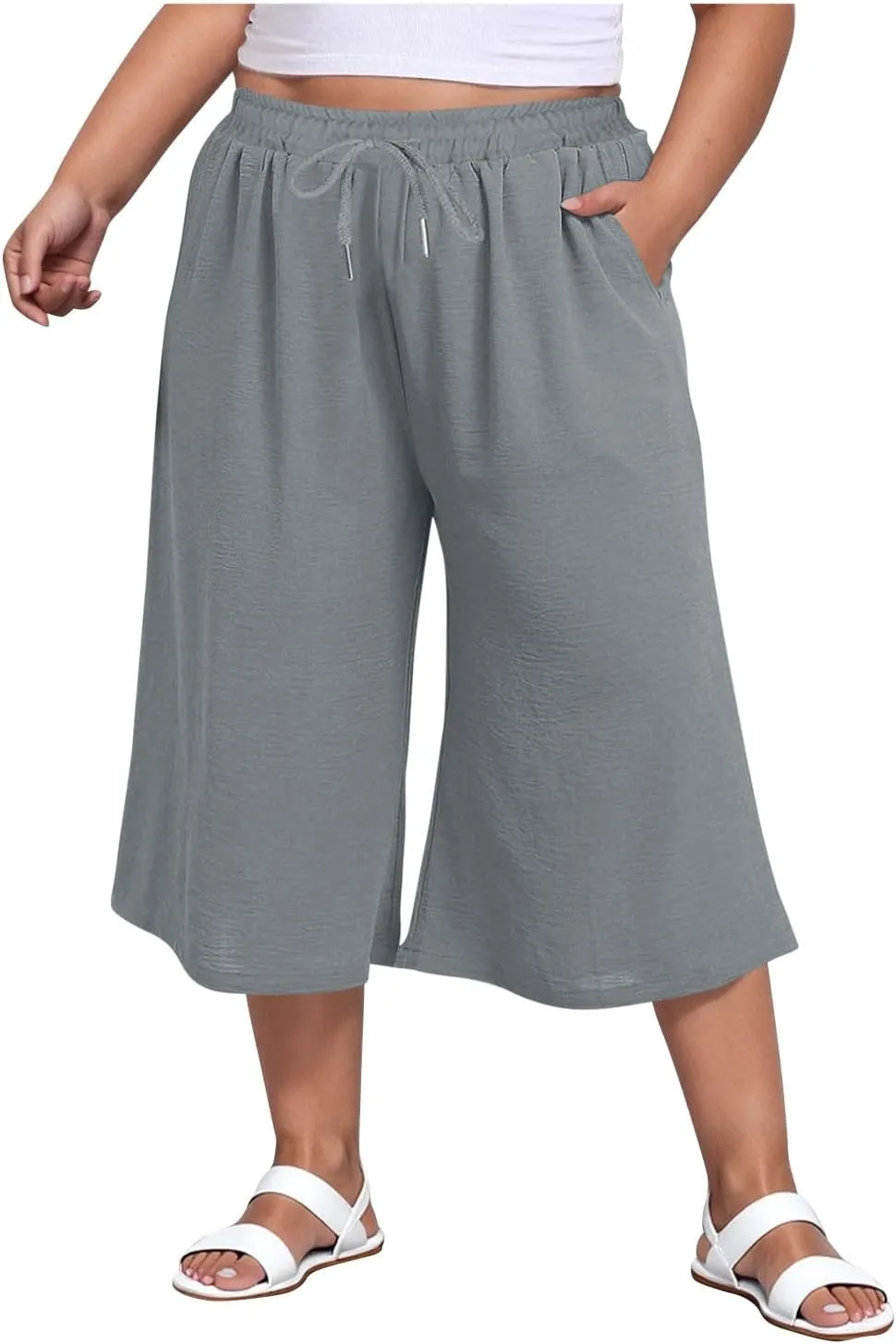 LEMONONSTORE Plus Size Women Boho Summer Capris Elastic Waist Wide Leg Straight Cropped Pants Casual Loose Below-Knee Shorts