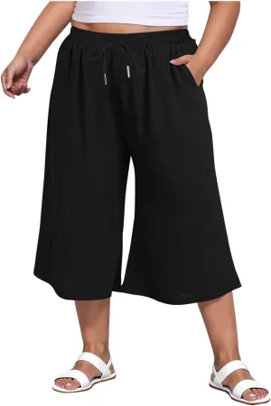 LEMONONSTORE Plus Size Women Boho Summer Capris Elastic Waist Wide Leg Straight Cropped Pants Casual Loose Below-Knee Shorts
