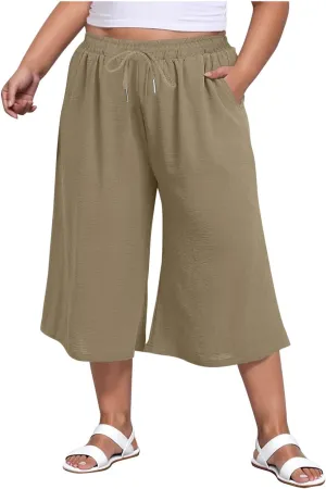 LEMONONSTORE Plus Size Women Boho Summer Capris Elastic Waist Wide Leg Straight Cropped Pants Casual Loose Below-Knee Shorts
