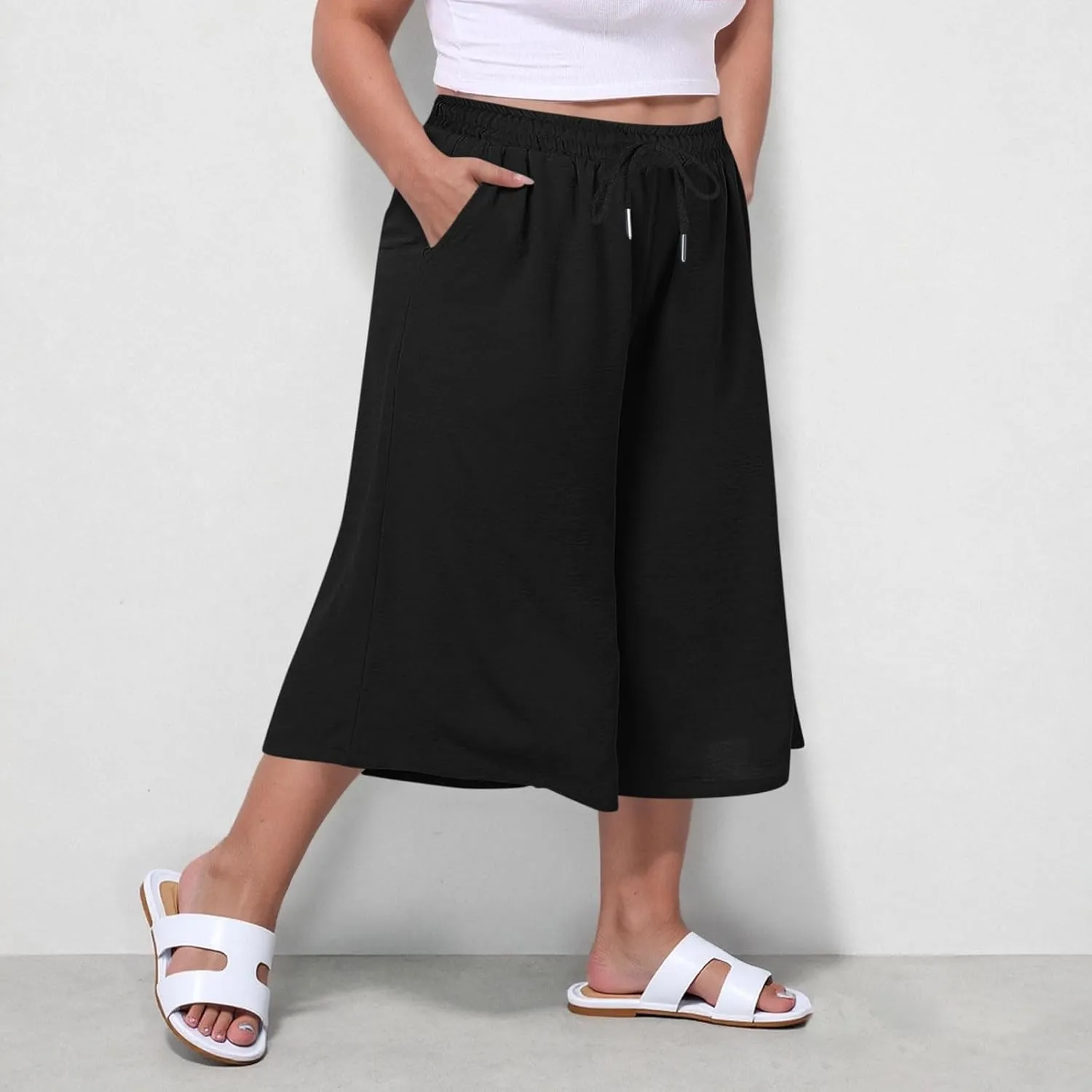 LEMONONSTORE Plus Size Women Boho Summer Capris Elastic Waist Wide Leg Straight Cropped Pants Casual Loose Below-Knee Shorts