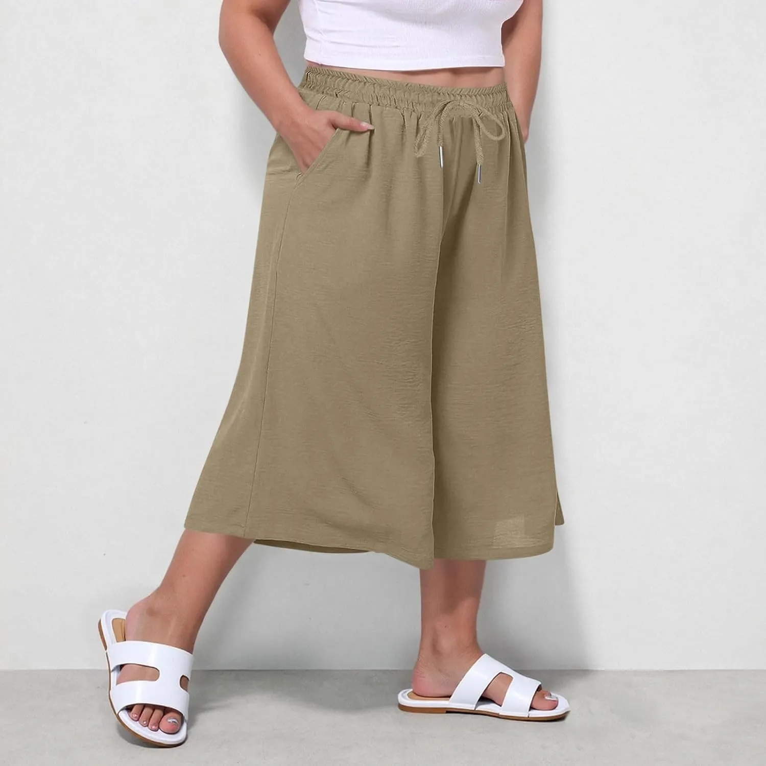 LEMONONSTORE Plus Size Women Boho Summer Capris Elastic Waist Wide Leg Straight Cropped Pants Casual Loose Below-Knee Shorts