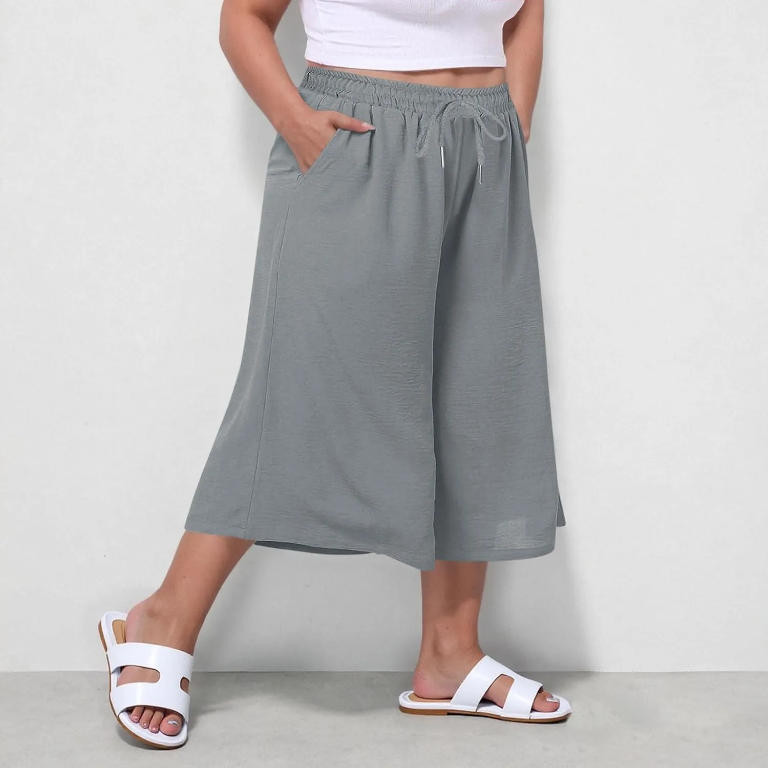 LEMONONSTORE Plus Size Women Boho Summer Capris Elastic Waist Wide Leg Straight Cropped Pants Casual Loose Below-Knee Shorts