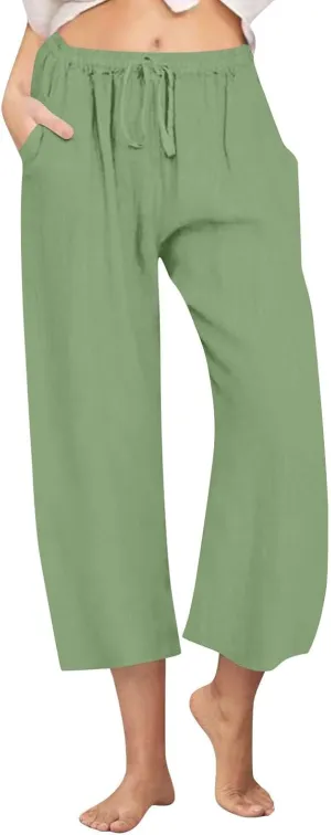 LEMONONSTORE Summer Dressy Capris for Women Casual Drawstring Waisted Office Work Ankle-Length Pants Loose Lounge Bottoms