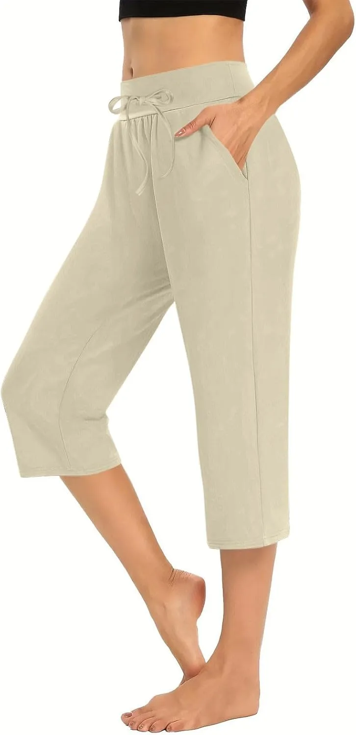 LEMONONSTORE Tummy Control Capris for Women Relaxed Casual Shorts Yoga Running SweatShorts Summer Elastic Waist Capri Pants