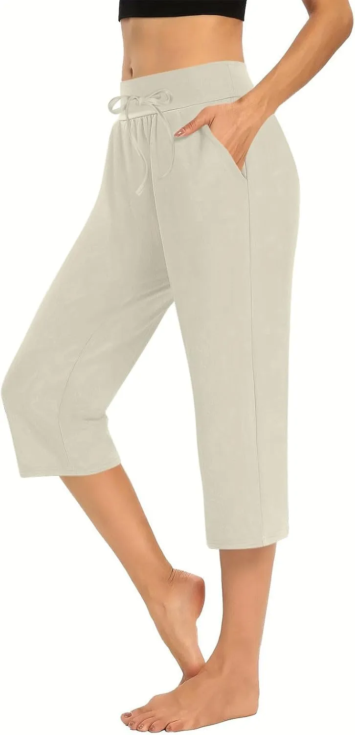LEMONONSTORE Tummy Control Capris for Women Relaxed Casual Shorts Yoga Running SweatShorts Summer Elastic Waist Capri Pants