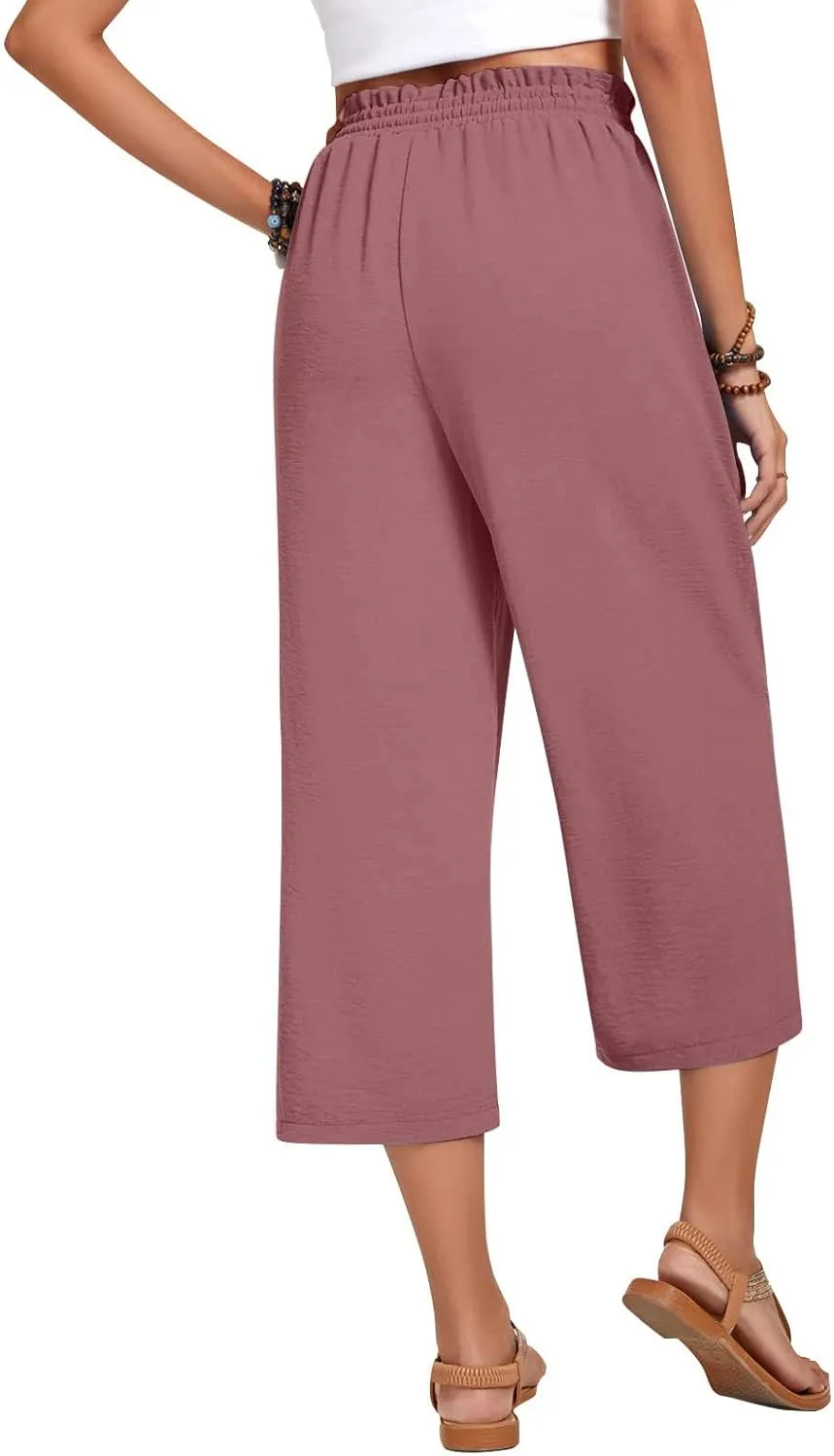 LEMONONSTORE Women's Ankle-Length Casual Shorts High Waist Linen Blend Dressy Capris Flowy Summer Lounge Pants with Pockets