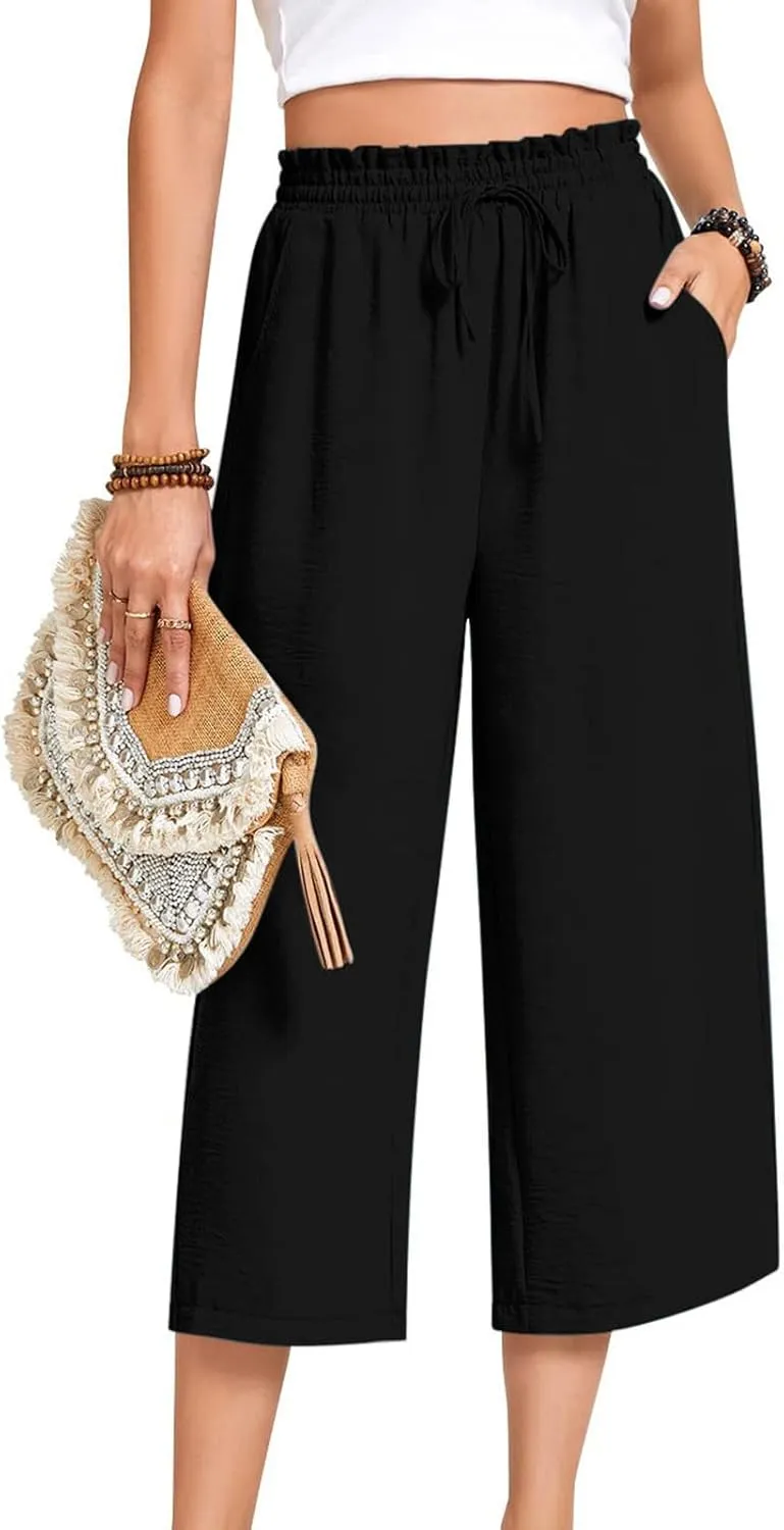 LEMONONSTORE Women's Ankle-Length Casual Shorts High Waist Linen Blend Dressy Capris Flowy Summer Lounge Pants with Pockets