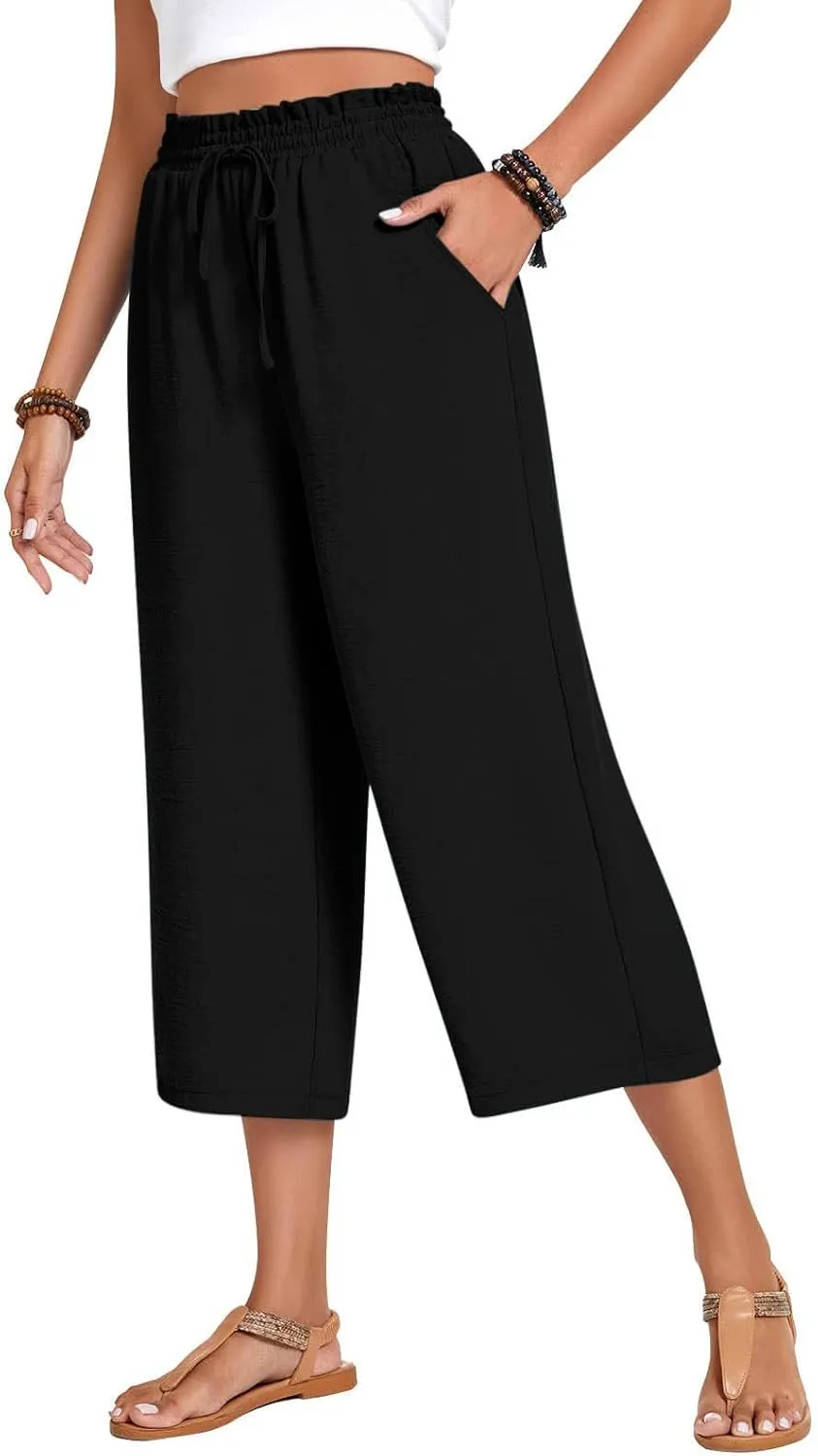 LEMONONSTORE Women's Ankle-Length Casual Shorts High Waist Linen Blend Dressy Capris Flowy Summer Lounge Pants with Pockets