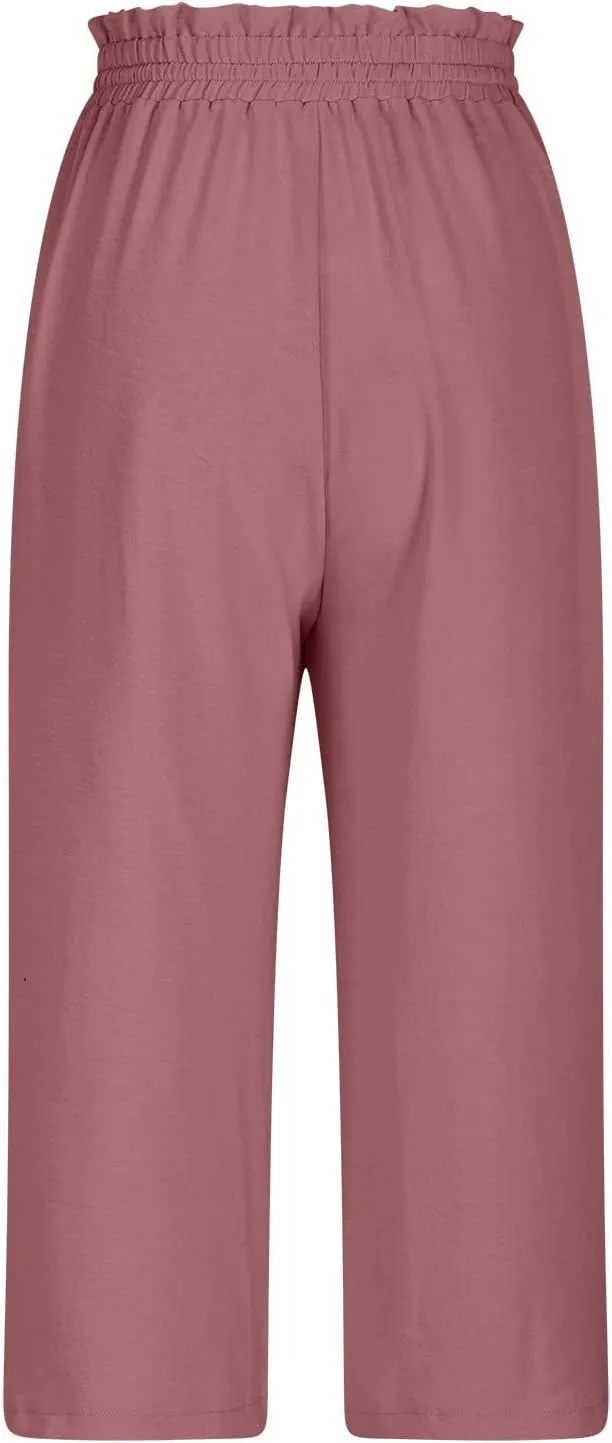 LEMONONSTORE Women's Ankle-Length Casual Shorts High Waist Linen Blend Dressy Capris Flowy Summer Lounge Pants with Pockets
