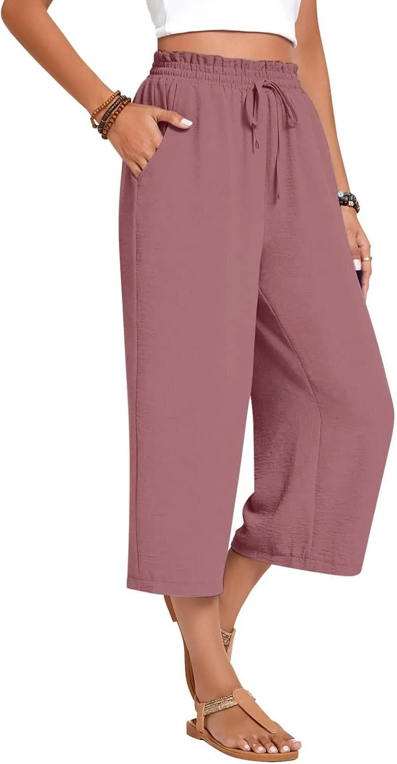 LEMONONSTORE Women's Ankle-Length Casual Shorts High Waist Linen Blend Dressy Capris Flowy Summer Lounge Pants with Pockets