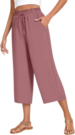 LEMONONSTORE Women's Ankle-Length Casual Shorts High Waist Linen Blend Dressy Capris Flowy Summer Lounge Pants with Pockets