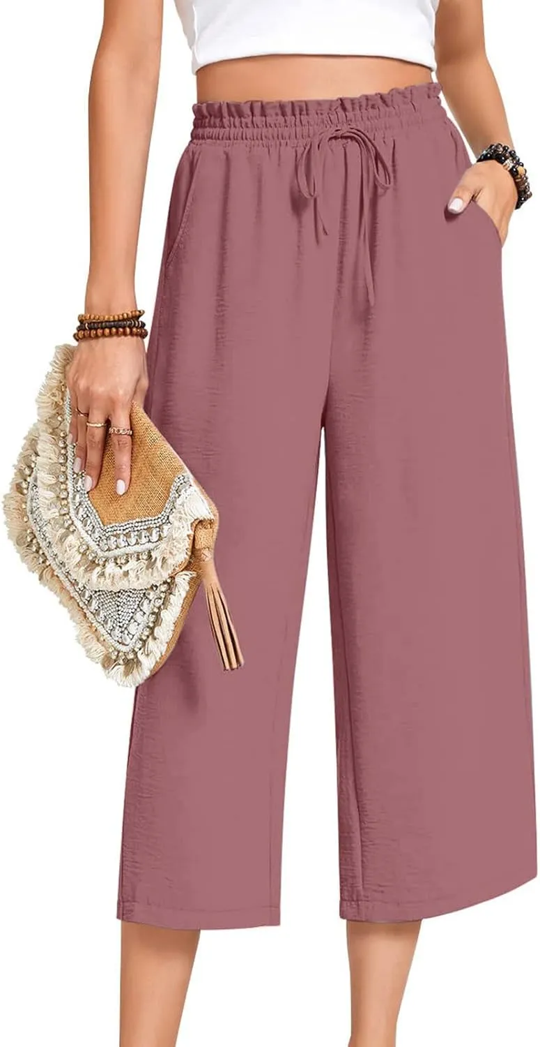 LEMONONSTORE Women's Ankle-Length Casual Shorts High Waist Linen Blend Dressy Capris Flowy Summer Lounge Pants with Pockets