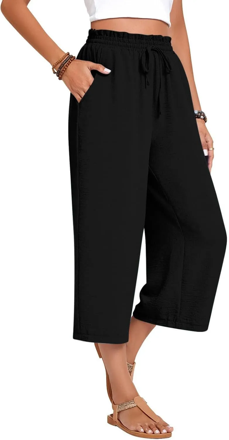 LEMONONSTORE Women's Ankle-Length Casual Shorts High Waist Linen Blend Dressy Capris Flowy Summer Lounge Pants with Pockets