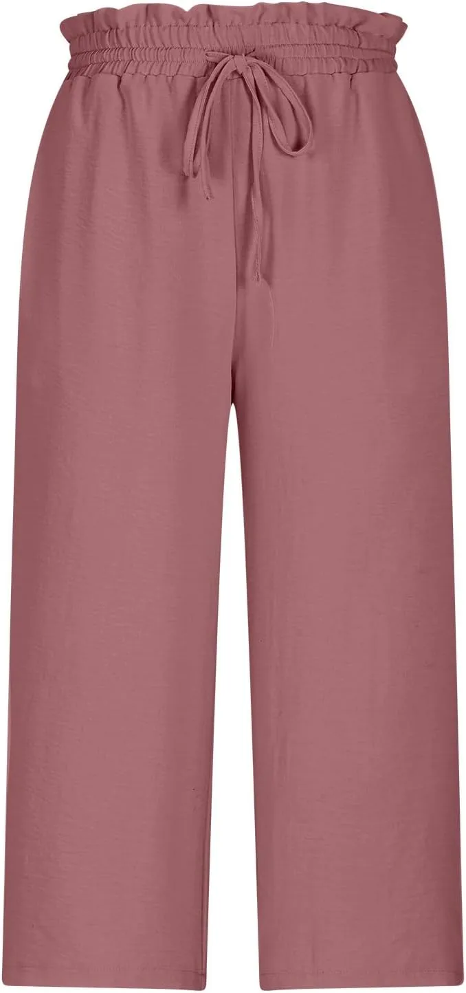 LEMONONSTORE Women's Ankle-Length Casual Shorts High Waist Linen Blend Dressy Capris Flowy Summer Lounge Pants with Pockets