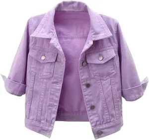 Lightweight Denim Jacket for Women 3/4 Sleeve Short Jean Jacket Lapel Button Down Cropped Trucker Jean Jackets Coats