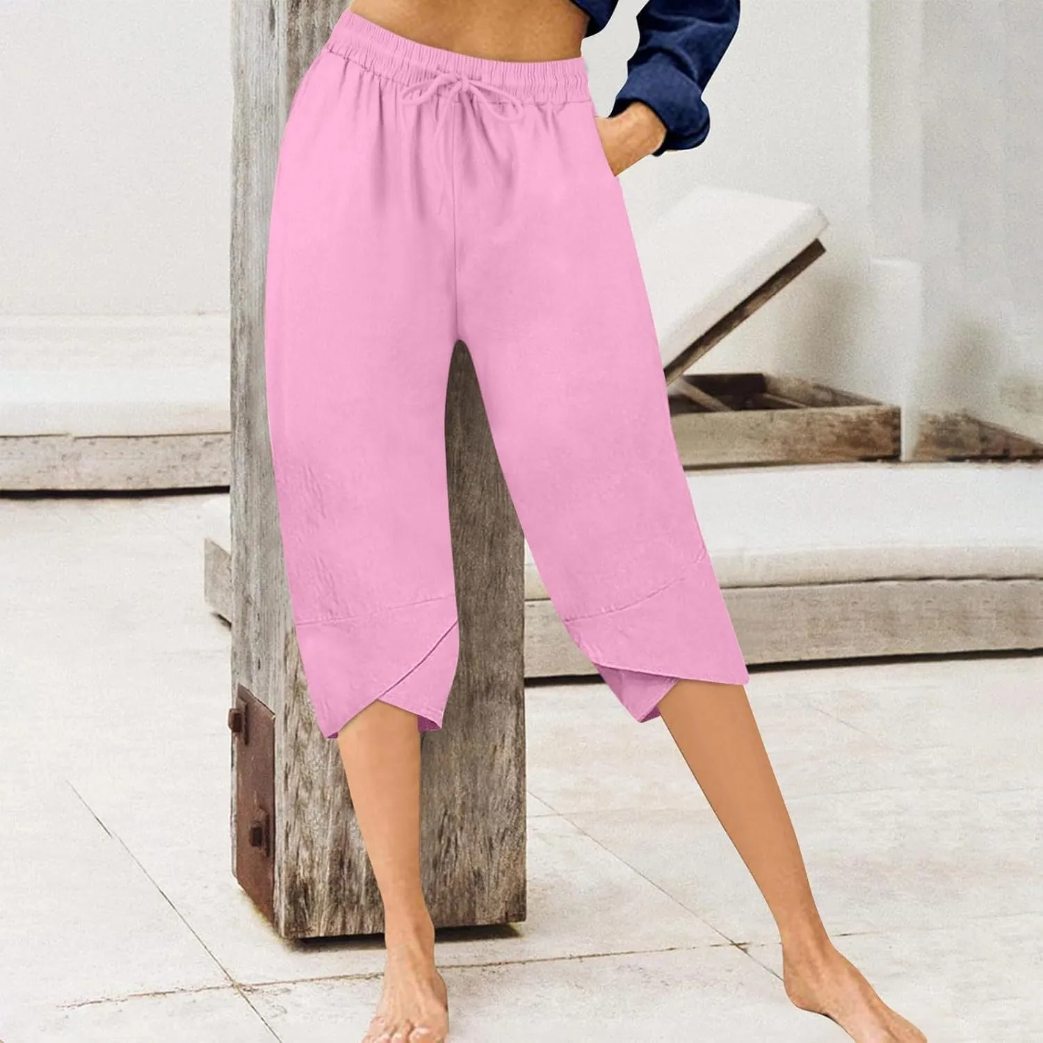 Linen Capri Pants for Women Casual High Waist Tapered Leg Lounge Pants Elastic Waist Baggy Crop Trousers Beach Outfit