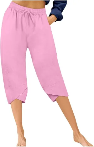 Linen Capri Pants for Women Casual High Waist Tapered Leg Lounge Pants Elastic Waist Baggy Crop Trousers Beach Outfit