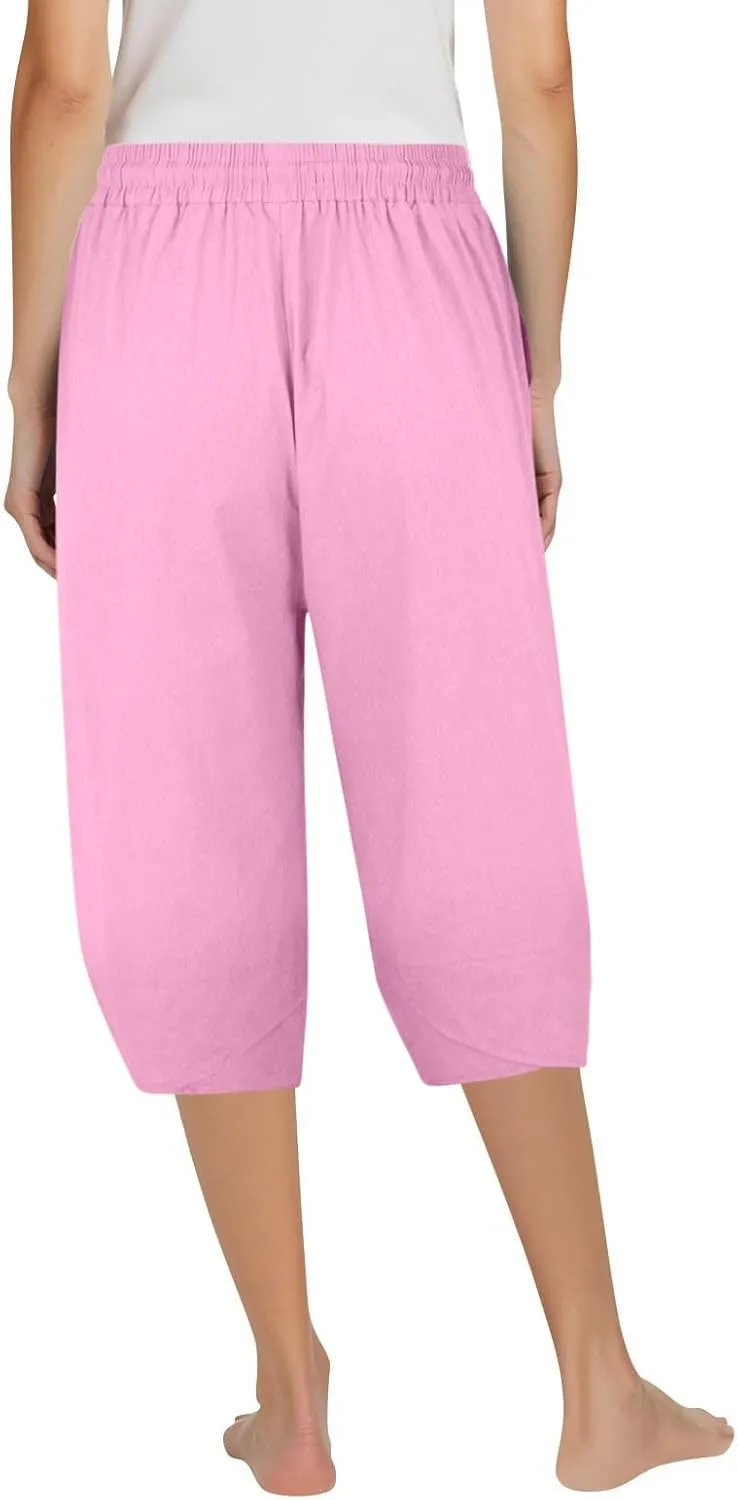 Linen Capri Pants for Women Casual High Waist Tapered Leg Lounge Pants Elastic Waist Baggy Crop Trousers Beach Outfit