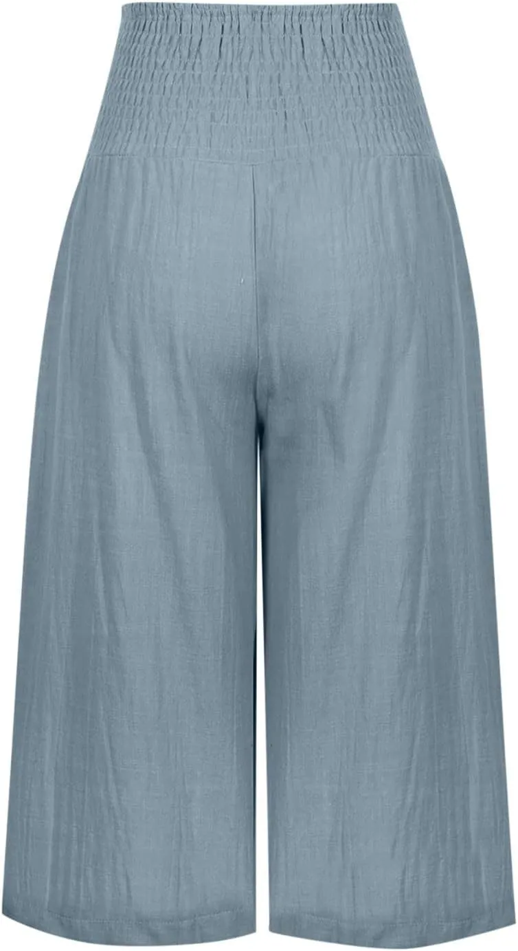 Linen Capri Pants for Women Summer Wide Leg Capri Pants Palazzo Lounge Cropped Pants Pockets Comfy Pajama Capri Pants