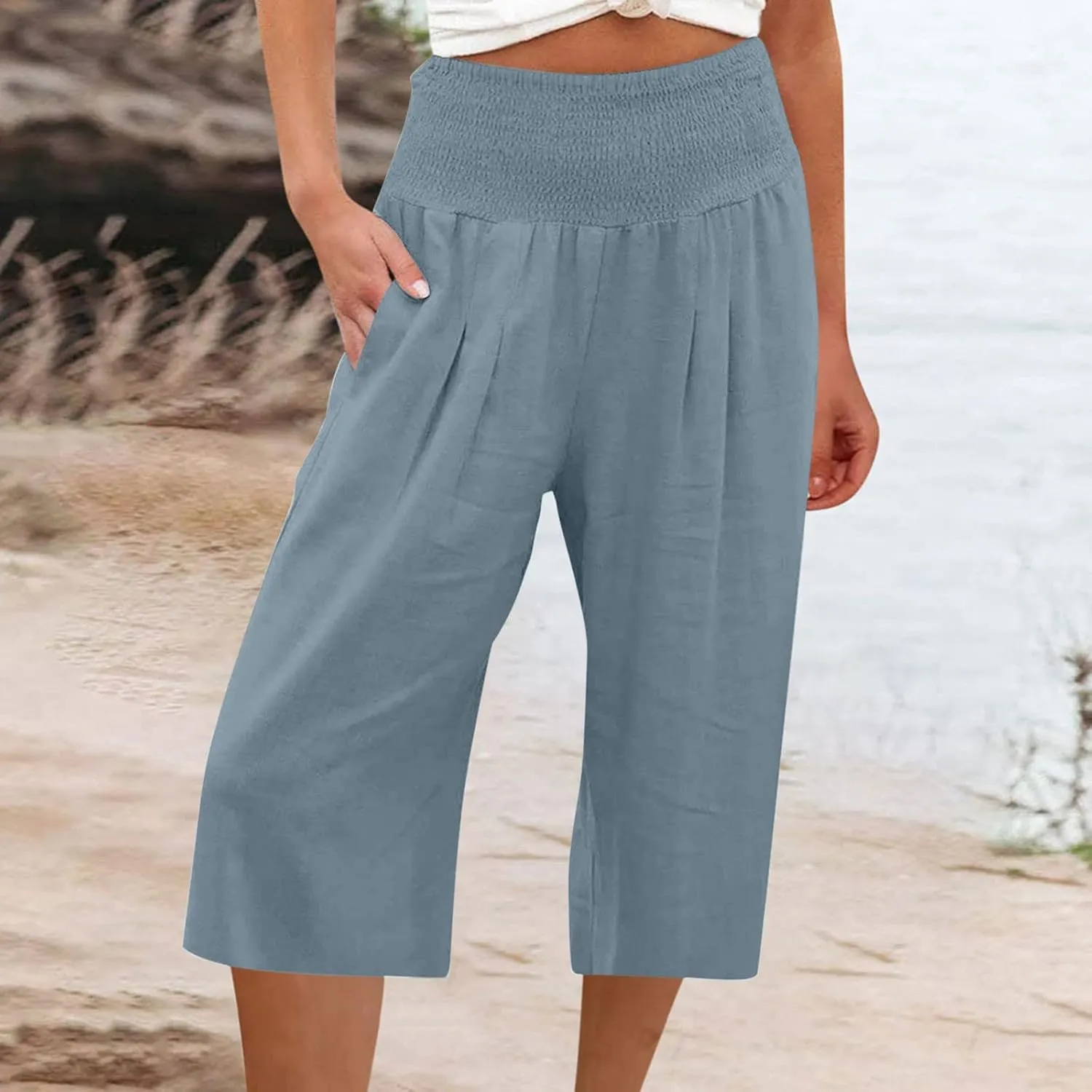 Linen Capri Pants for Women Summer Wide Leg Capri Pants Palazzo Lounge Cropped Pants Pockets Comfy Pajama Capri Pants