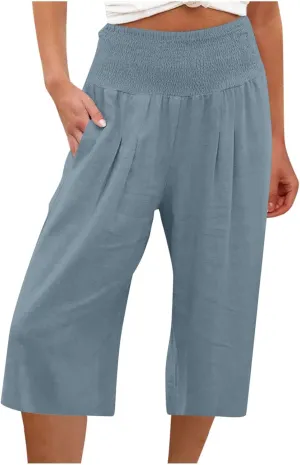 Linen Capri Pants for Women Summer Wide Leg Capri Pants Palazzo Lounge Cropped Pants Pockets Comfy Pajama Capri Pants