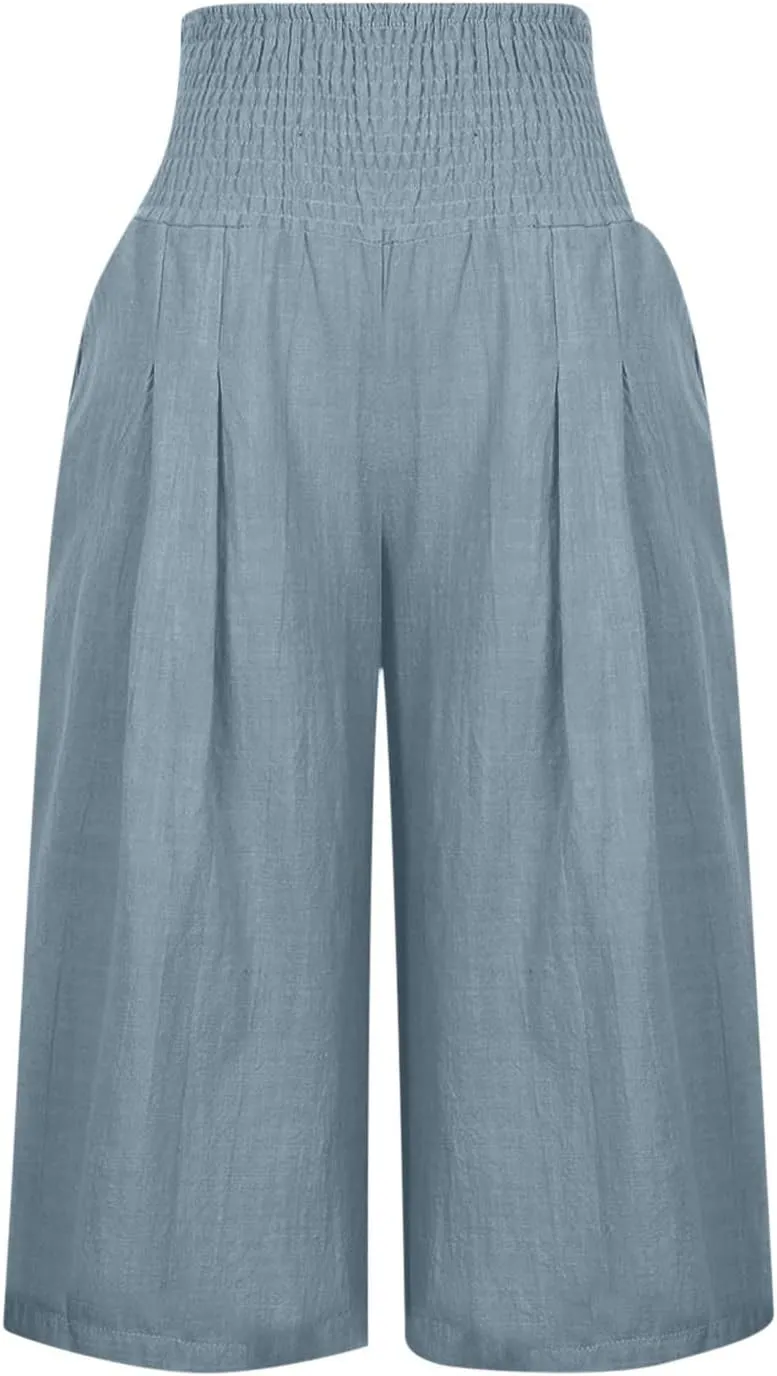 Linen Capri Pants for Women Summer Wide Leg Capri Pants Palazzo Lounge Cropped Pants Pockets Comfy Pajama Capri Pants