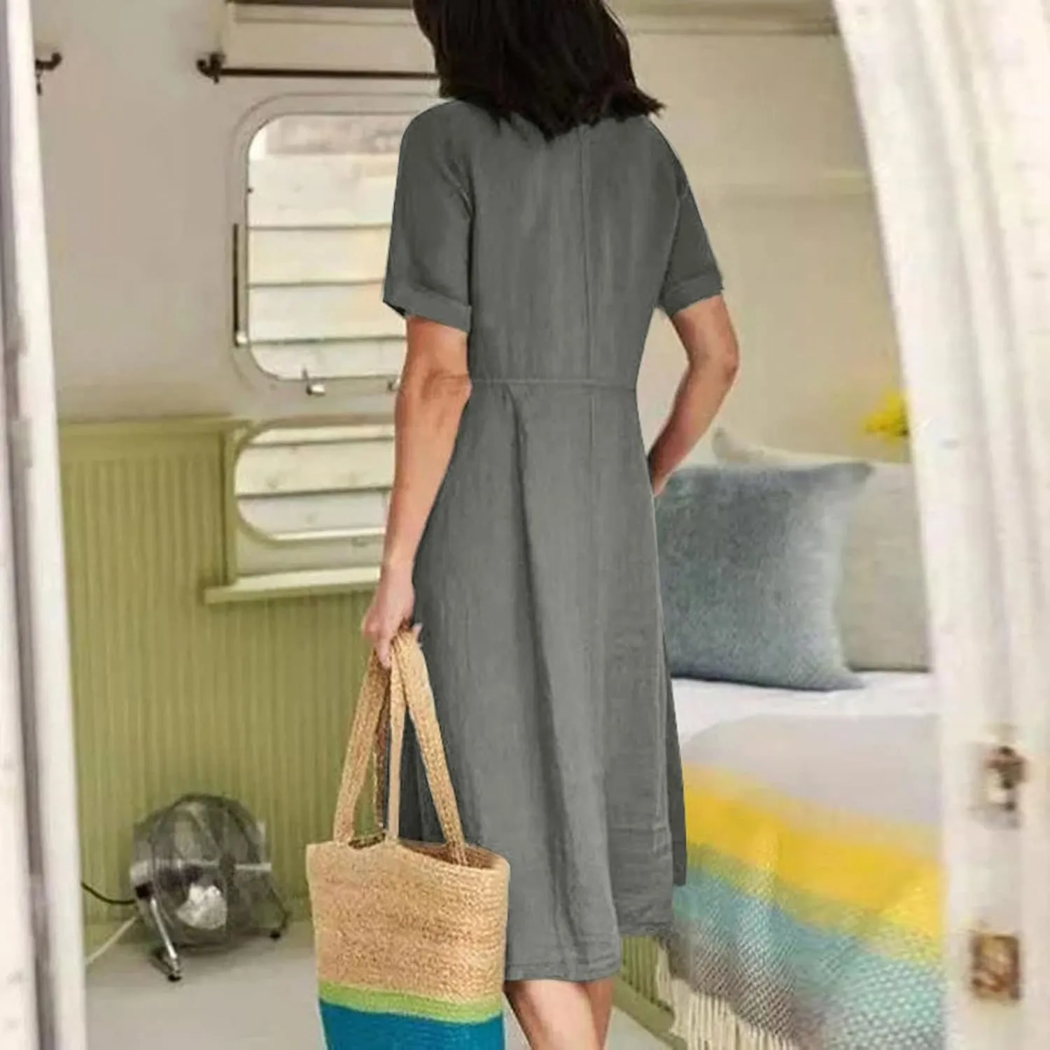 Linen Cotton Dress Women V Neck Button Down Short Sleeve Midi Dress with Pockets Beach Sundress Vacation Dresses