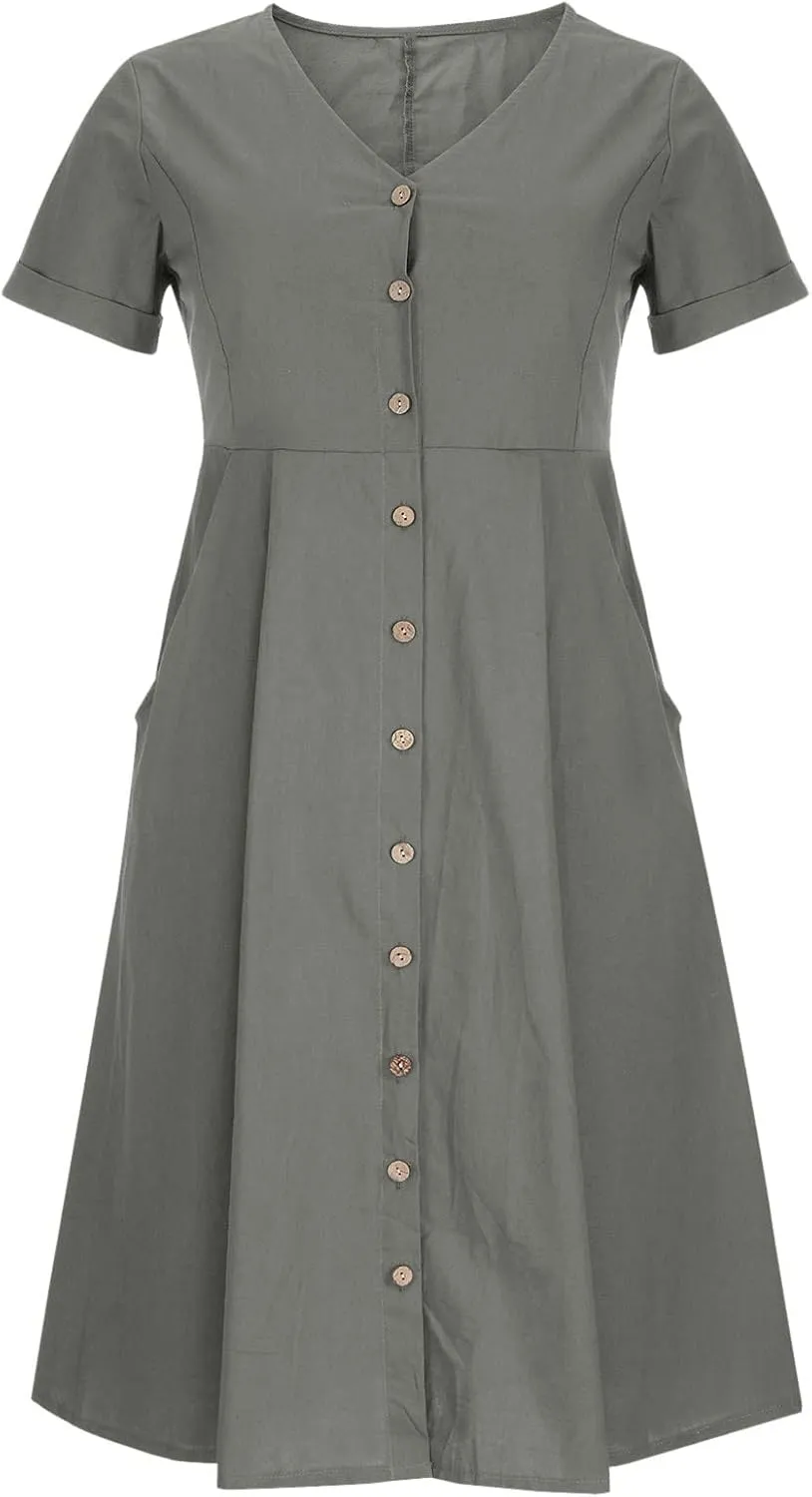 Linen Cotton Dress Women V Neck Button Down Short Sleeve Midi Dress with Pockets Beach Sundress Vacation Dresses