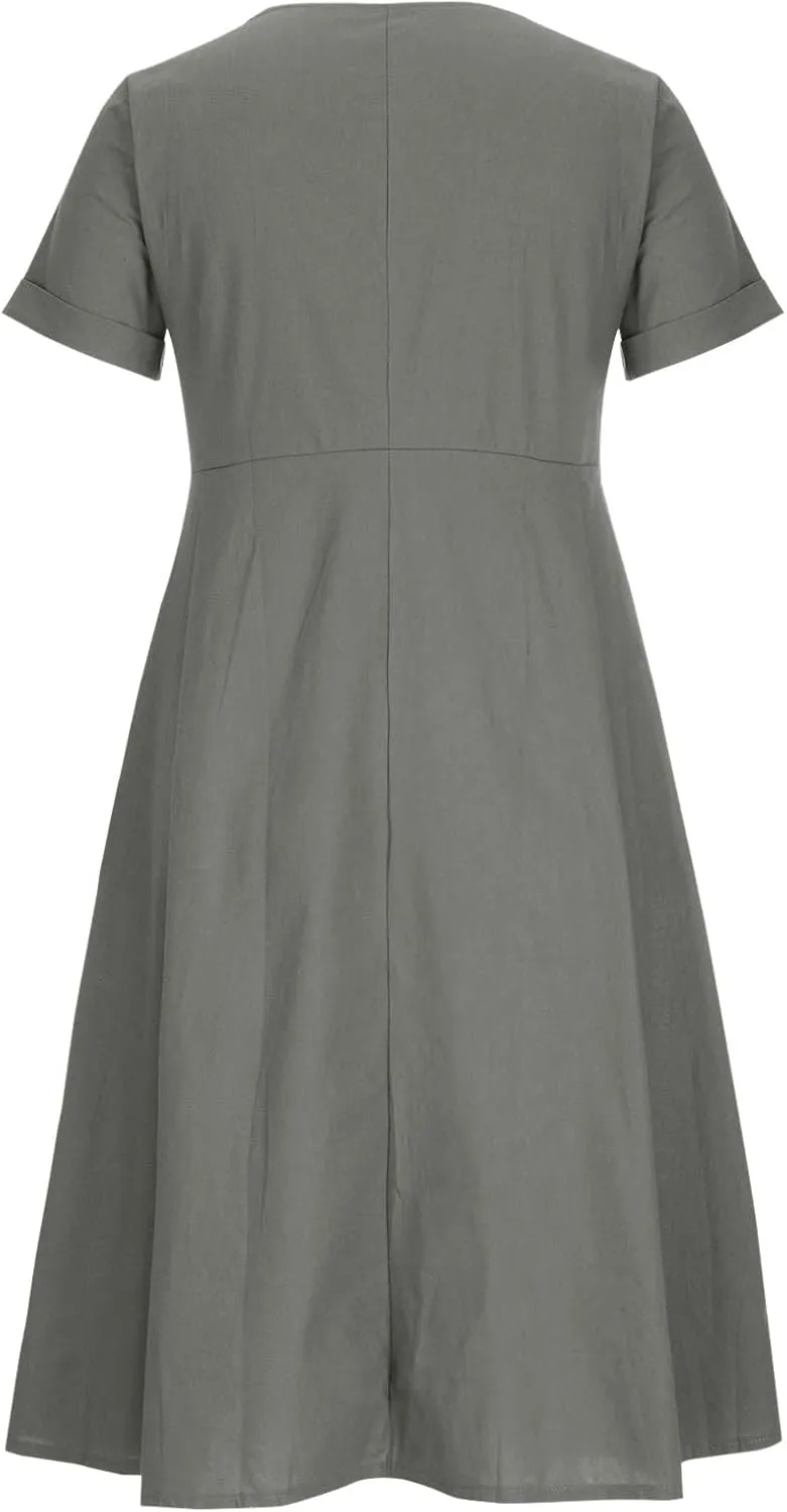 Linen Cotton Dress Women V Neck Button Down Short Sleeve Midi Dress with Pockets Beach Sundress Vacation Dresses