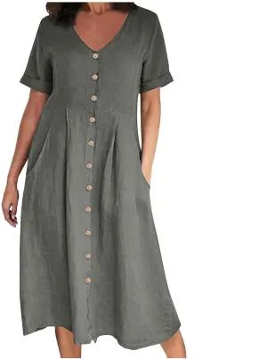 Linen Cotton Dress Women V Neck Button Down Short Sleeve Midi Dress with Pockets Beach Sundress Vacation Dresses