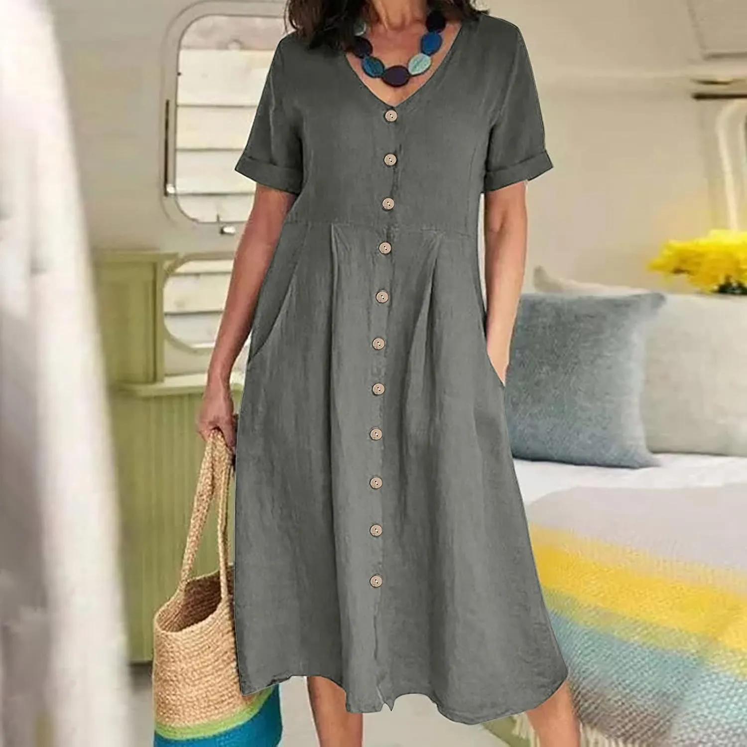 Linen Cotton Dress Women V Neck Button Down Short Sleeve Midi Dress with Pockets Beach Sundress Vacation Dresses