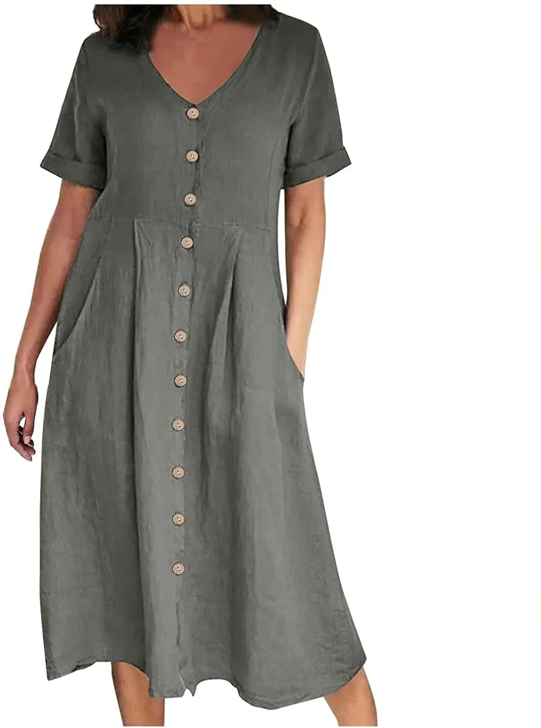 Linen Cotton Dress Women V Neck Button Down Short Sleeve Midi Dress with Pockets Beach Sundress Vacation Dresses