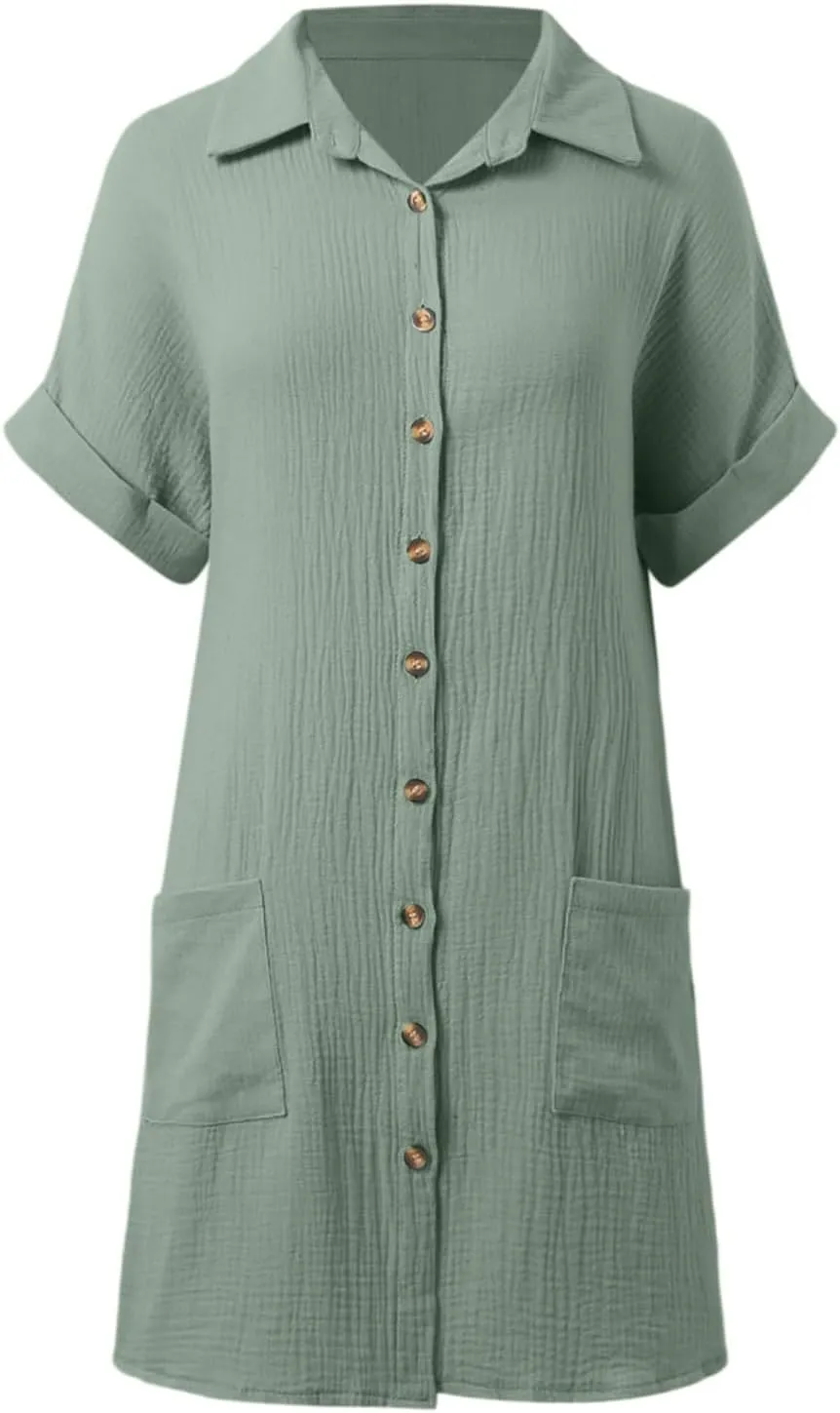Linen Dress Women Summer Casual Button Down Short Sleeve Boho Midi Dresses Swing Beach Vacation Sundress with Pockets