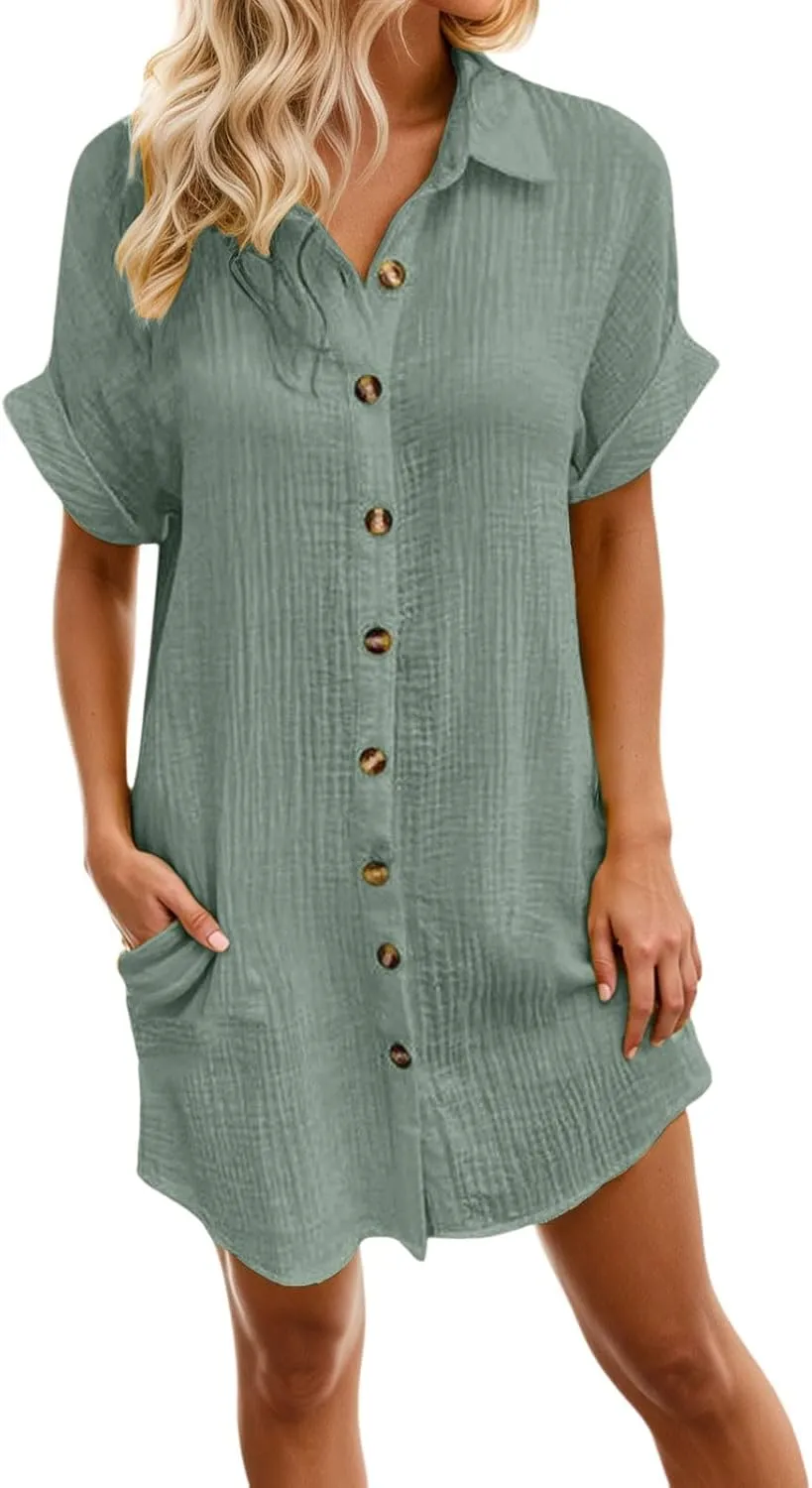 Linen Dress Women Summer Casual Button Down Short Sleeve Boho Midi Dresses Swing Beach Vacation Sundress with Pockets