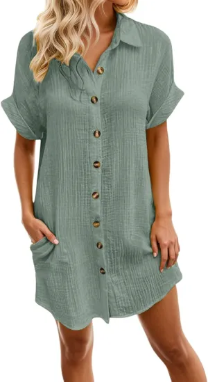 Linen Dress Women Summer Casual Button Down Short Sleeve Boho Midi Dresses Swing Beach Vacation Sundress with Pockets