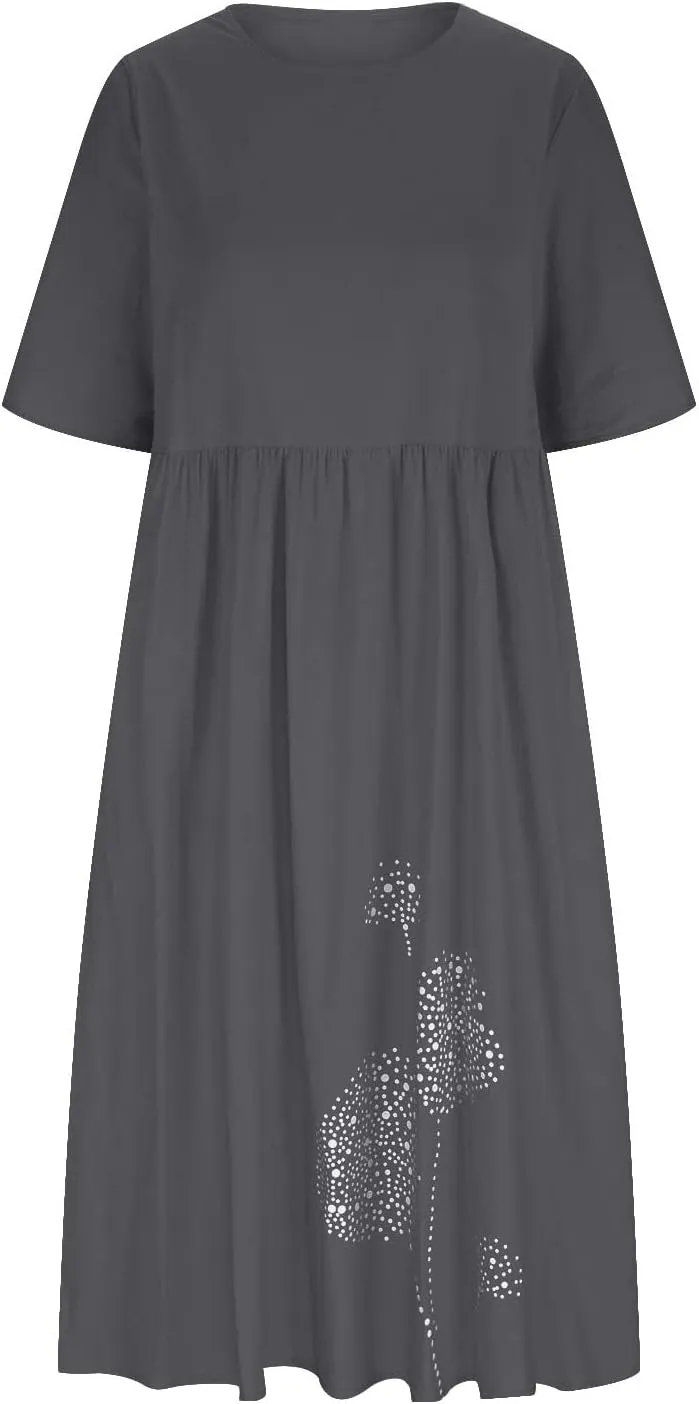 Linen Dresses for Women 2025 Floral Printed Short Sleeve a Line Dresses Oversized Summer Casual Loose Shirt Dresses